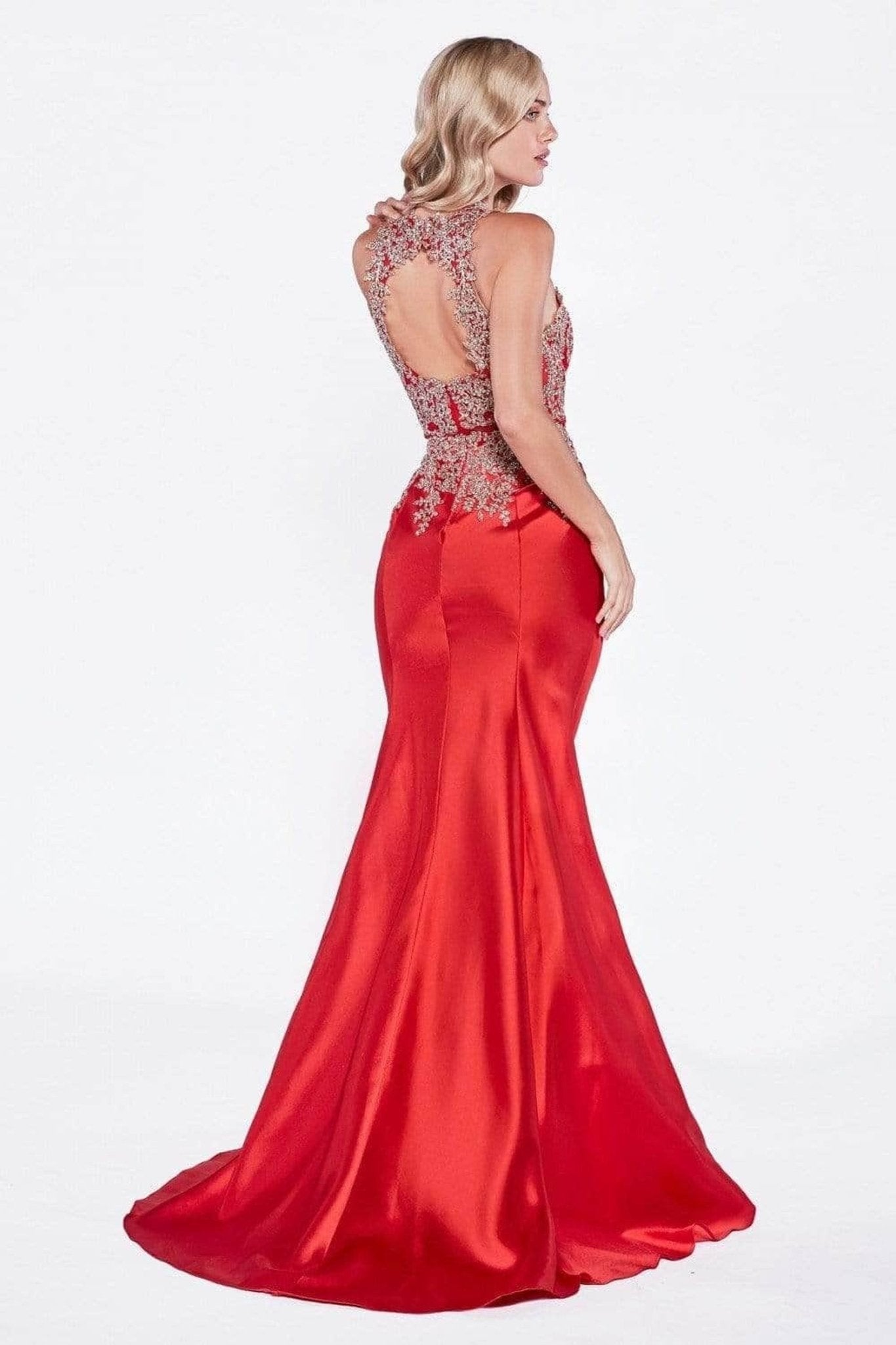 Ladivine 8934 - Metallic Lace High Neck Mermaid Evening Gown - Silhouette Dresses