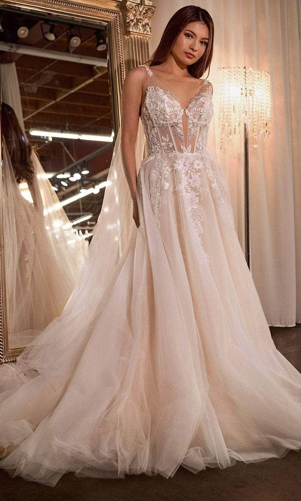 Ladivine CDS476W - Cape A-Line Bridal Gown