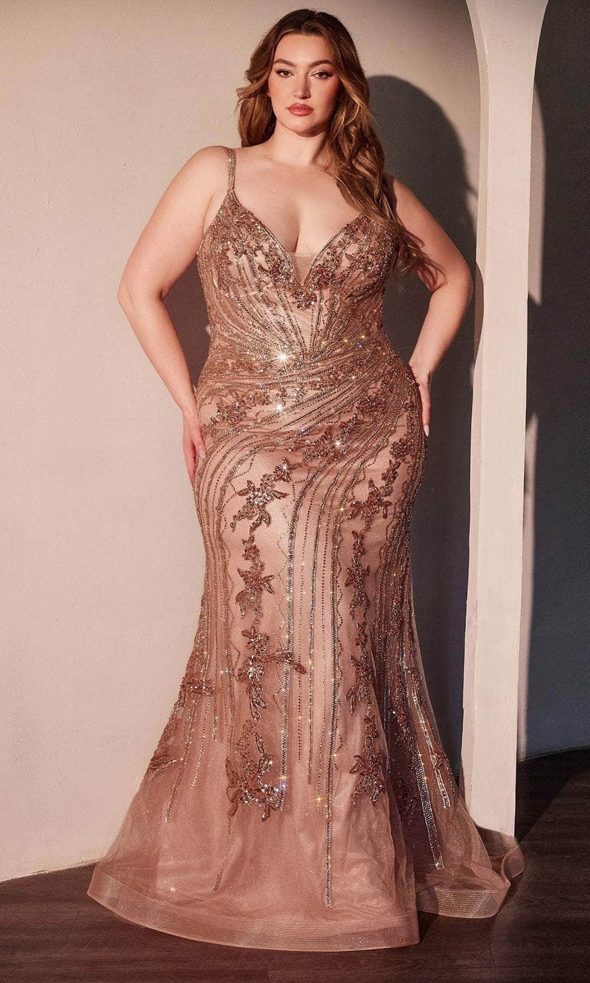 Ladivine CC0389C - Beaded V-Neck Evening Gown