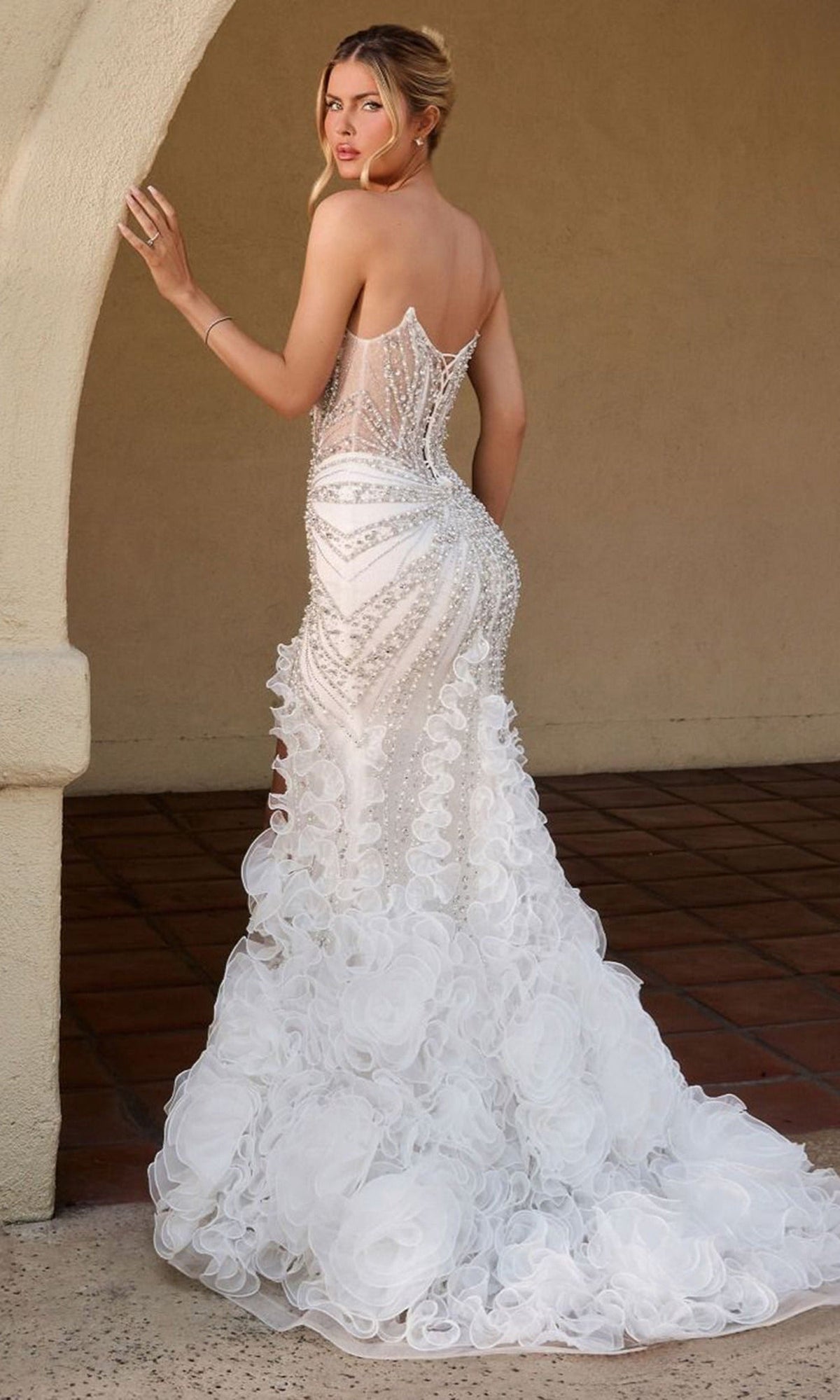 Ladivine CC2488W - Plunging V-Neck Ruffled Mermaid Bridal Dress