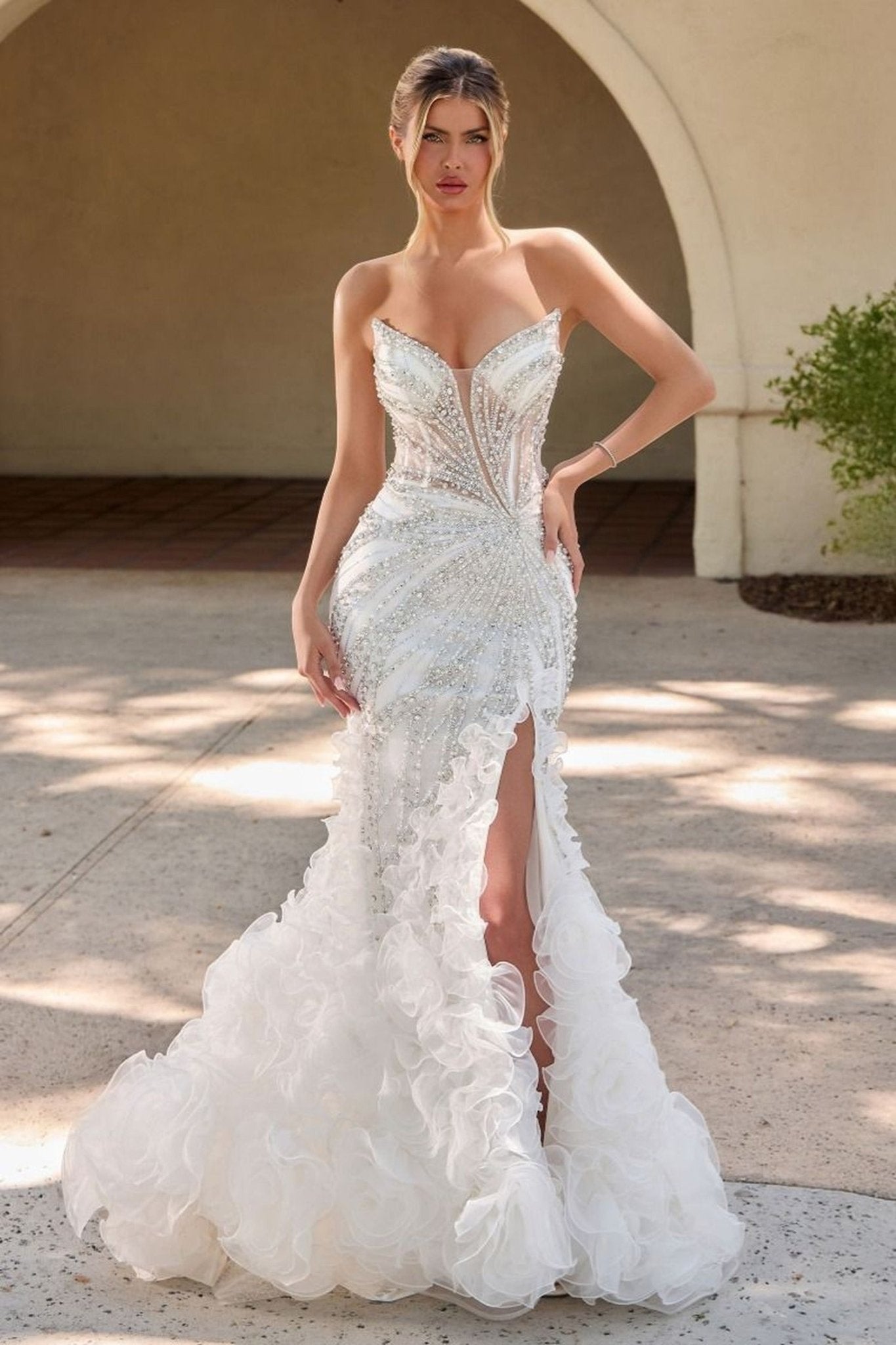 Ladivine CC2488W - Plunging V-Neck Ruffled Mermaid Bridal Dress - Silhouette Dresses