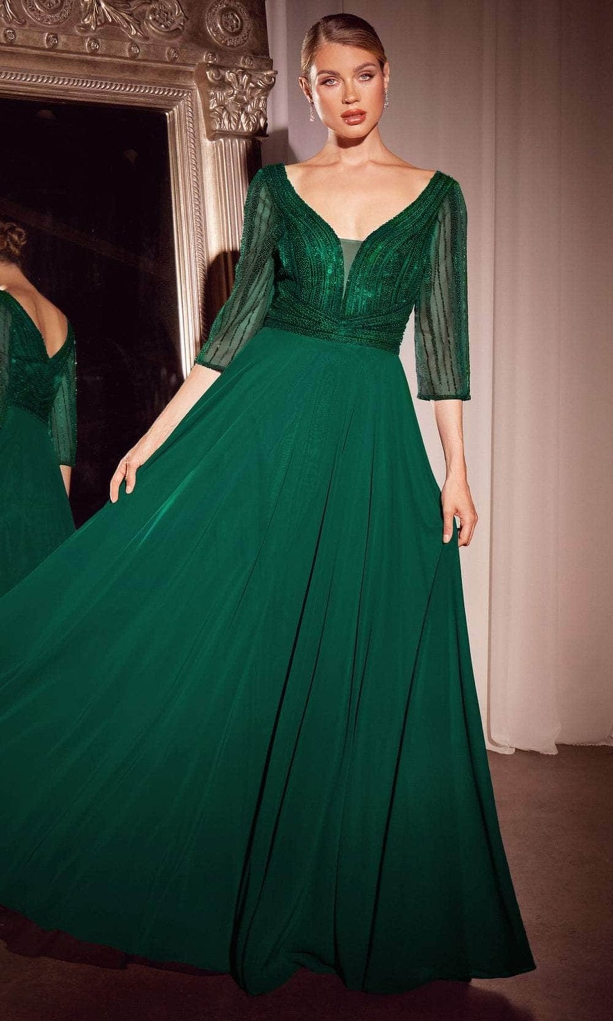 Ladivine CC446 - Beaded Plunging V-Neck Evening Dress - Silhouette Dresses