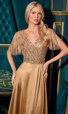 Ladivine CC447 - Flutter Sleeve Satin A-Line Formal Gown