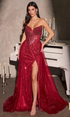 Ladivine CC492 - Linear Beaded Strapless Gown with Overskirt