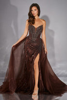Ladivine CC492 - Linear Beaded Strapless Gown with Overskirt