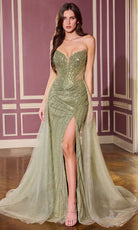Ladivine CC492 - Linear Beaded Strapless Gown with Overskirt