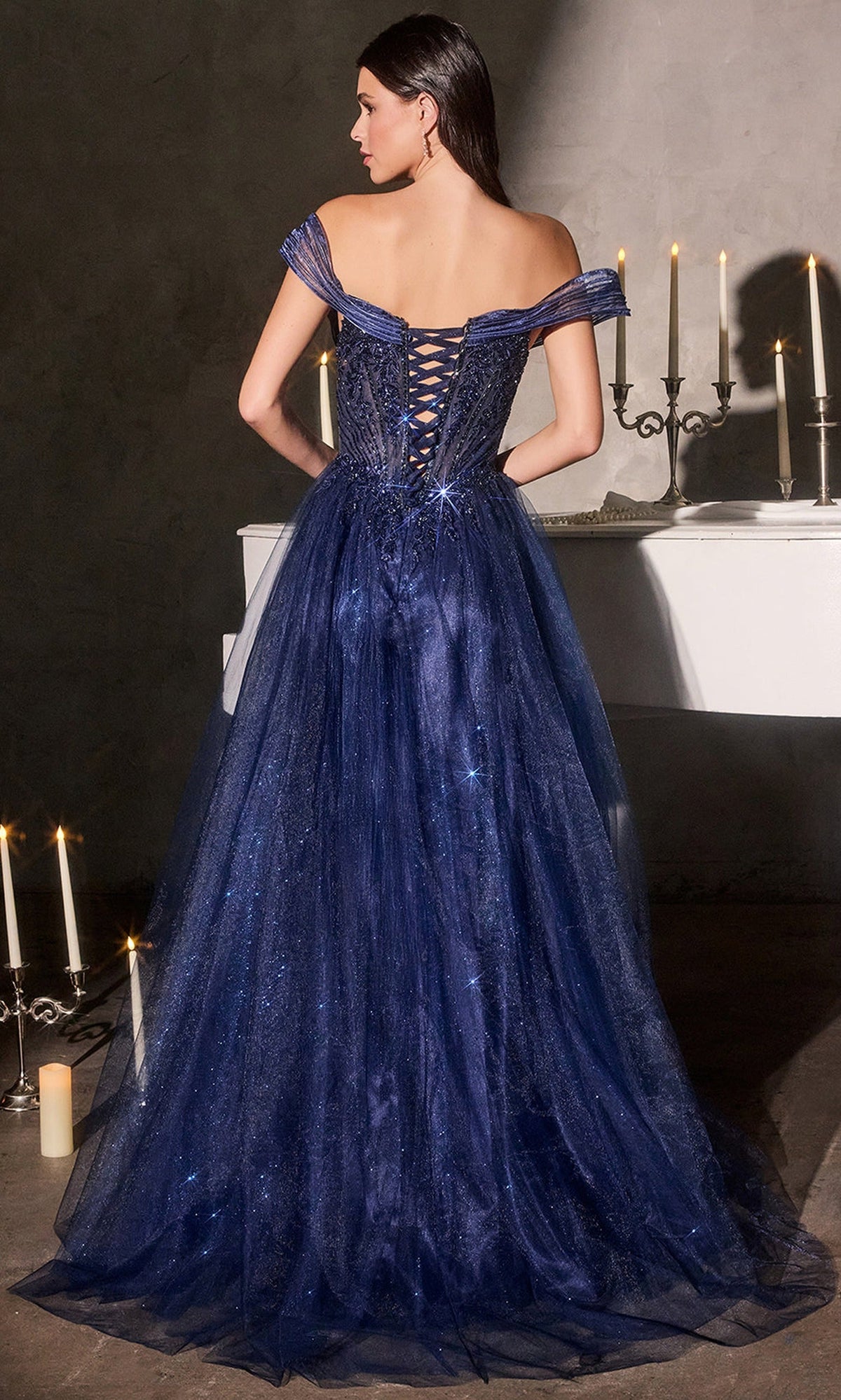Ladivine CC493 - Off Shoulder Beaded Tulle Evening Gown