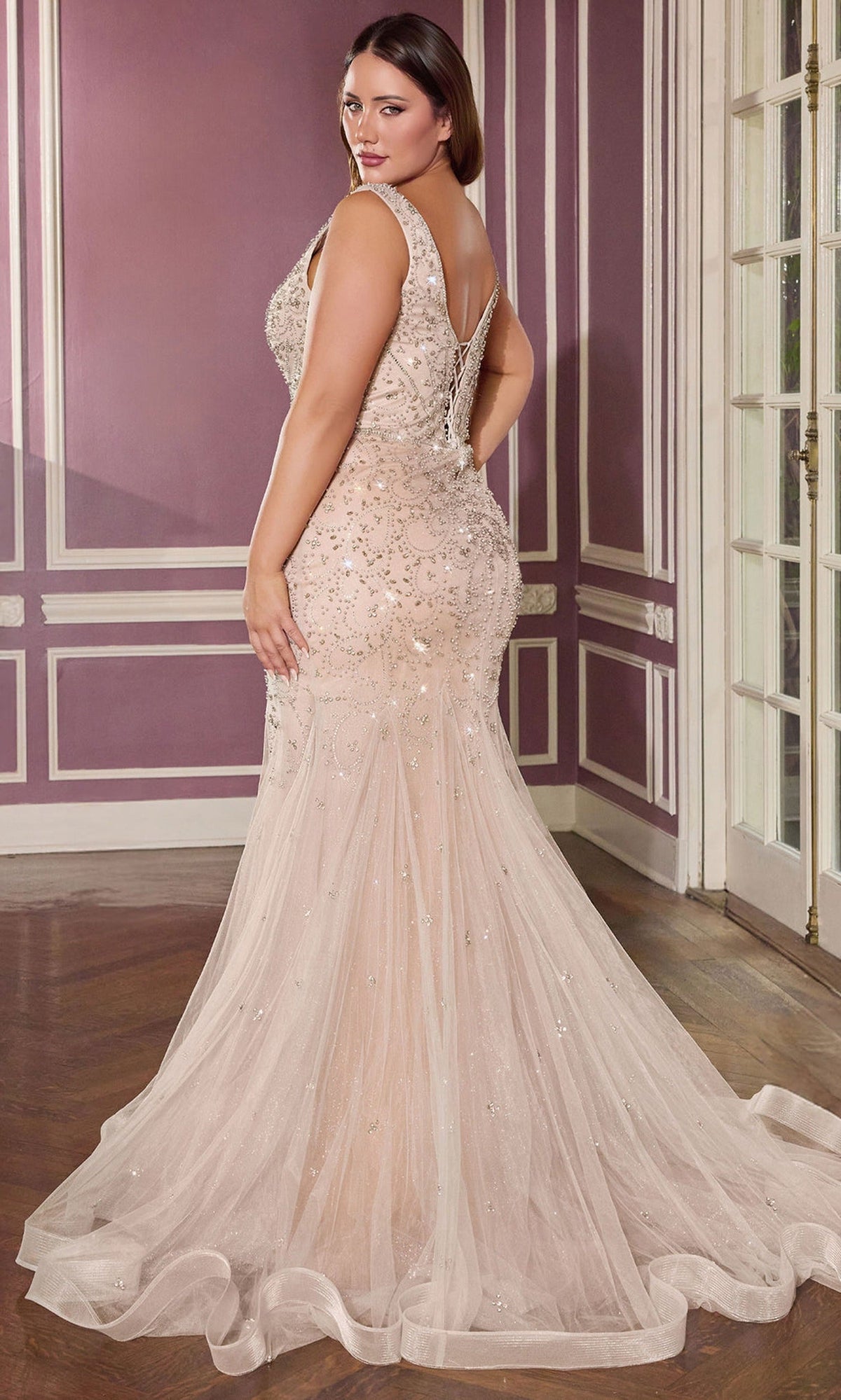 Ladivine CC8270C - Beaded Bodice Scoop Neck Plus Size Gown