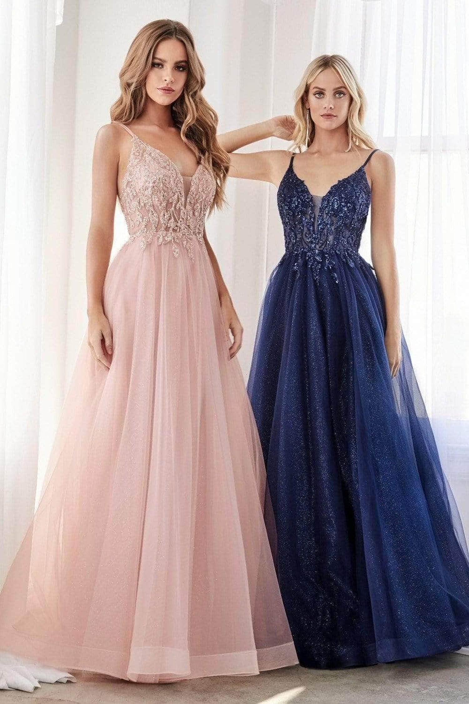 Ladivine CD0154 - Plunging Beaded A-Line Junior Prom Gown