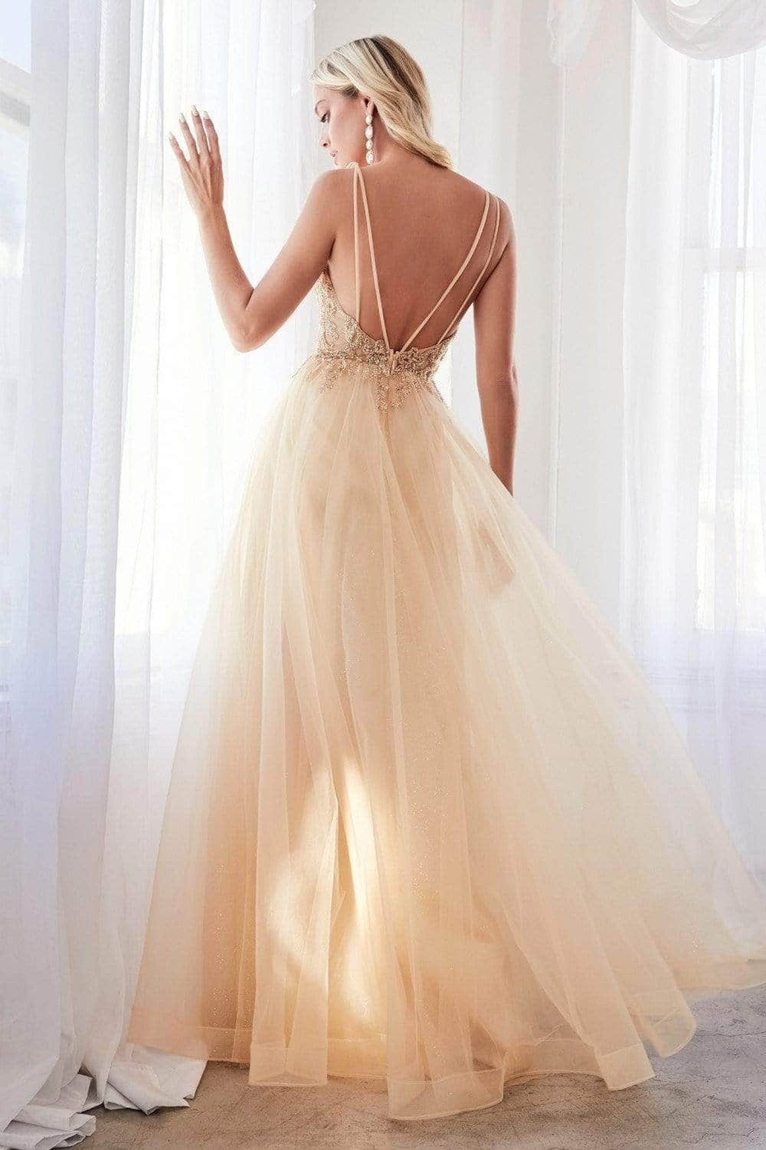 Ladivine CD0154 - Plunging Beaded A-Line Junior Prom Gown