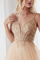 Ladivine CD0154 - Plunging Beaded A-Line Junior Prom Gown