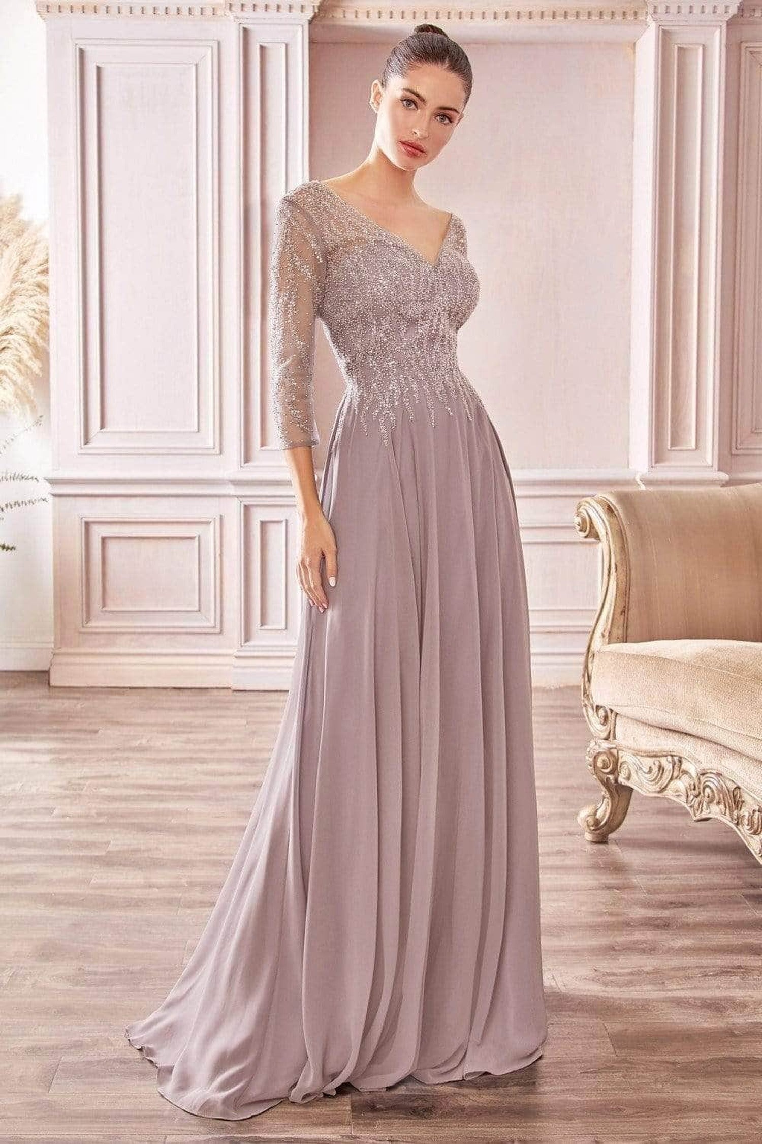 Ladivine CD0171 - Sheer Quarter Beaded Chiffon Gown