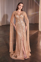 Ladivine CD0239 - Cape Sleeve Embellished Prom Dress