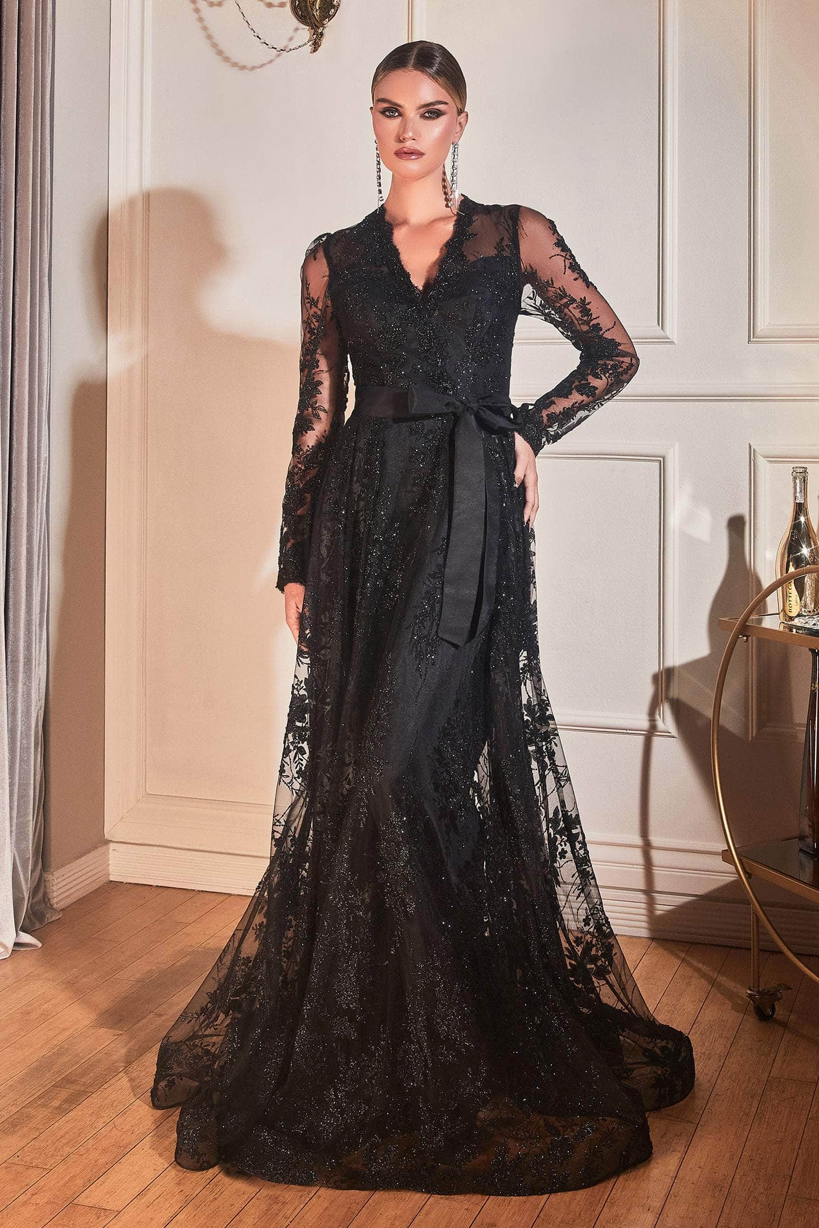 Ladivine CD233 - Embellished Long Sleeve V-neck Gown