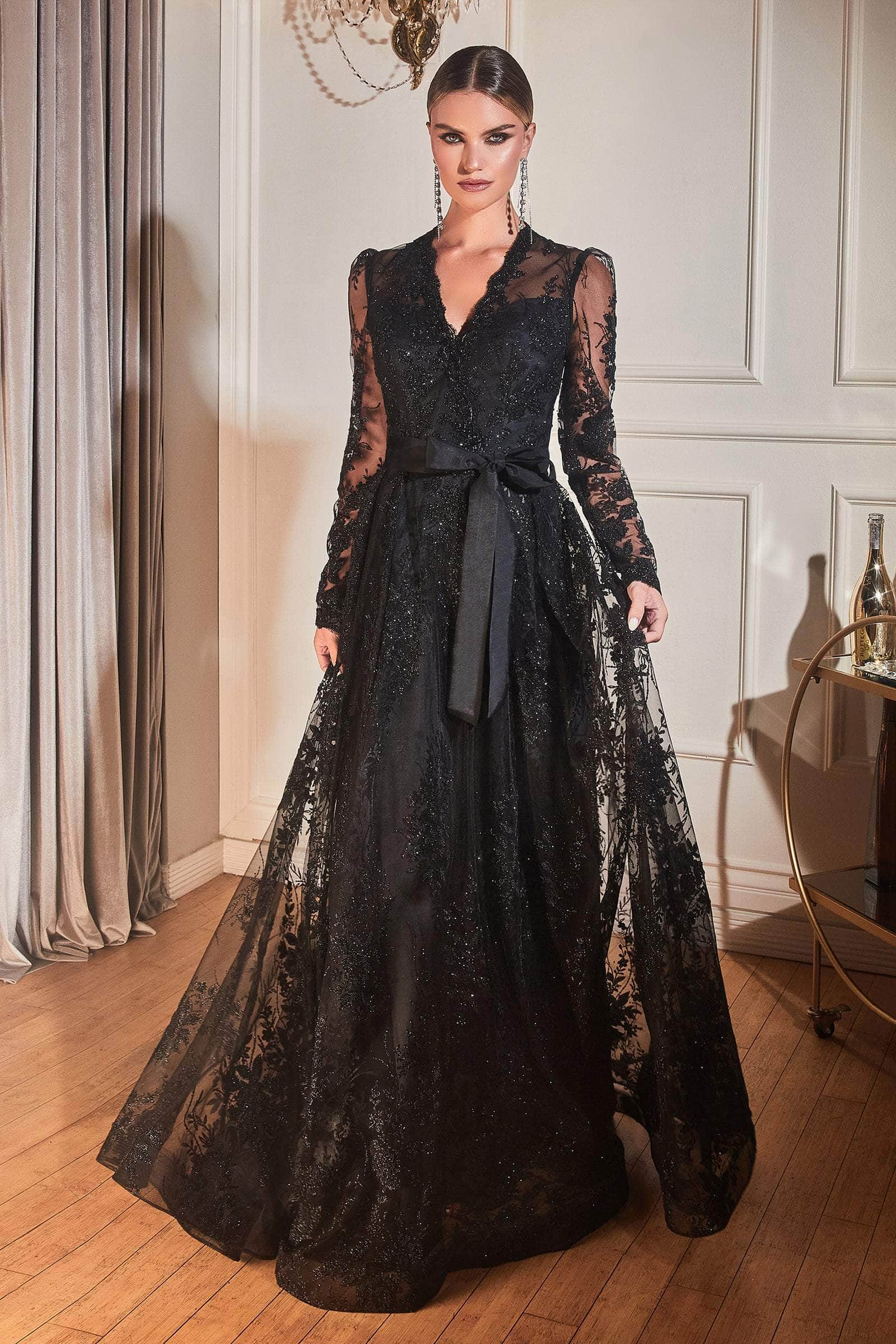 Ladivine CD233 - Embellished Long Sleeve V-neck Gown