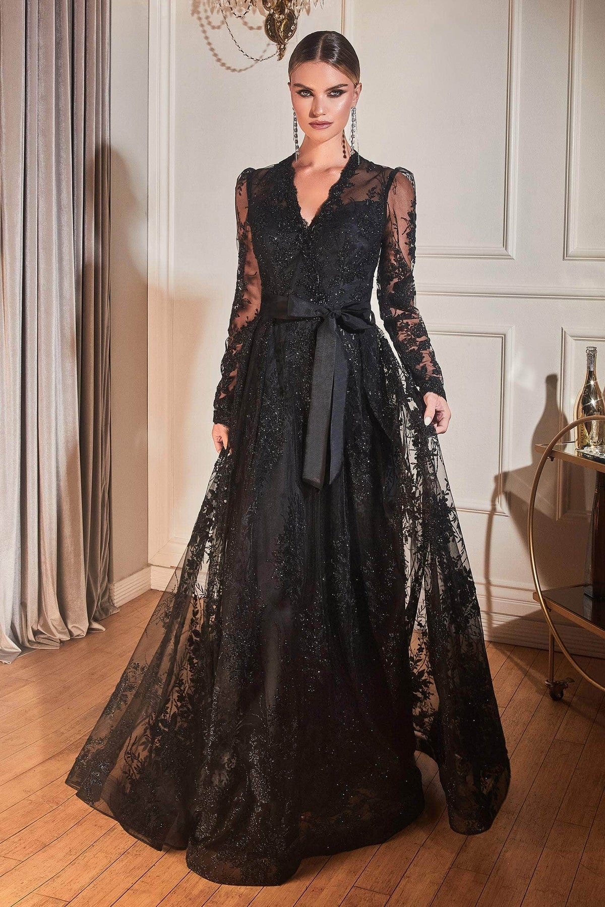 Ladivine CD233 - Embellished Long Sleeve V-neck Gown