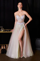 Ladivine CD2418 - Floral Applique Strapless Layered Dress