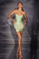 Ladivine CD2424 - Spaghetti Strap Crystal Hot-Fix Mini Dress - Silhouette Dresses