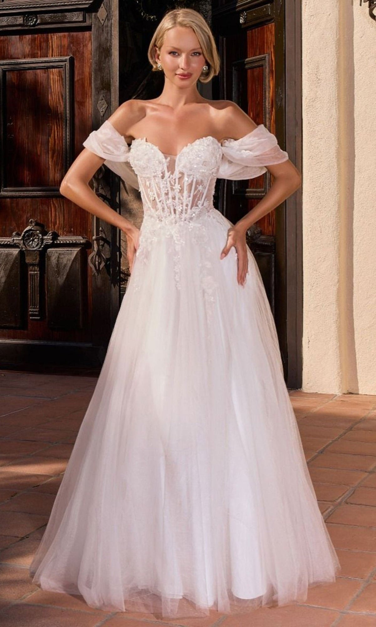 Ladivine CD2426W - Floral Applique Off Shoulder Bridal Gown - Silhouette Dresses