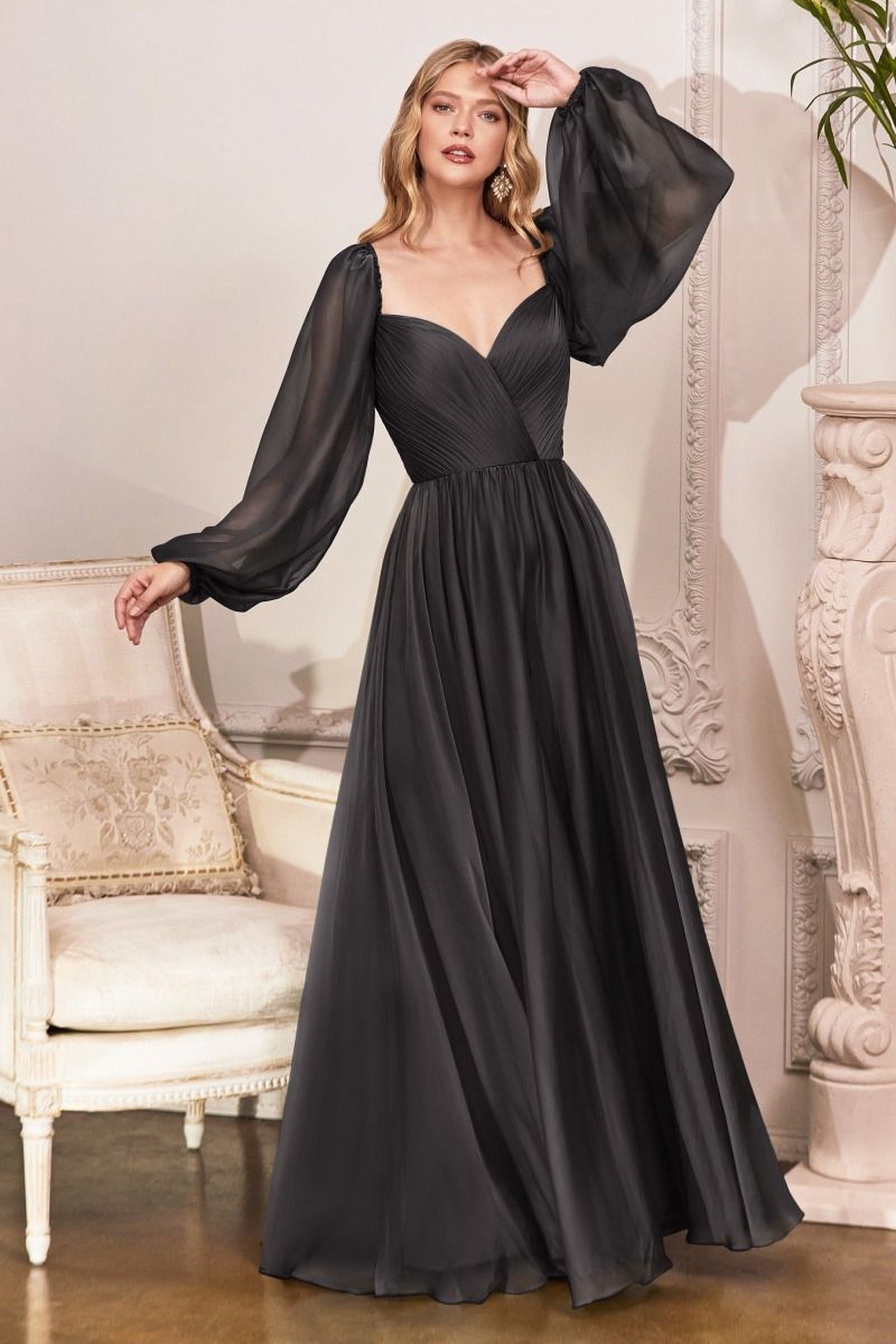 Ladivine CD243 - Long Sleeve Chiffon A-Line Dress