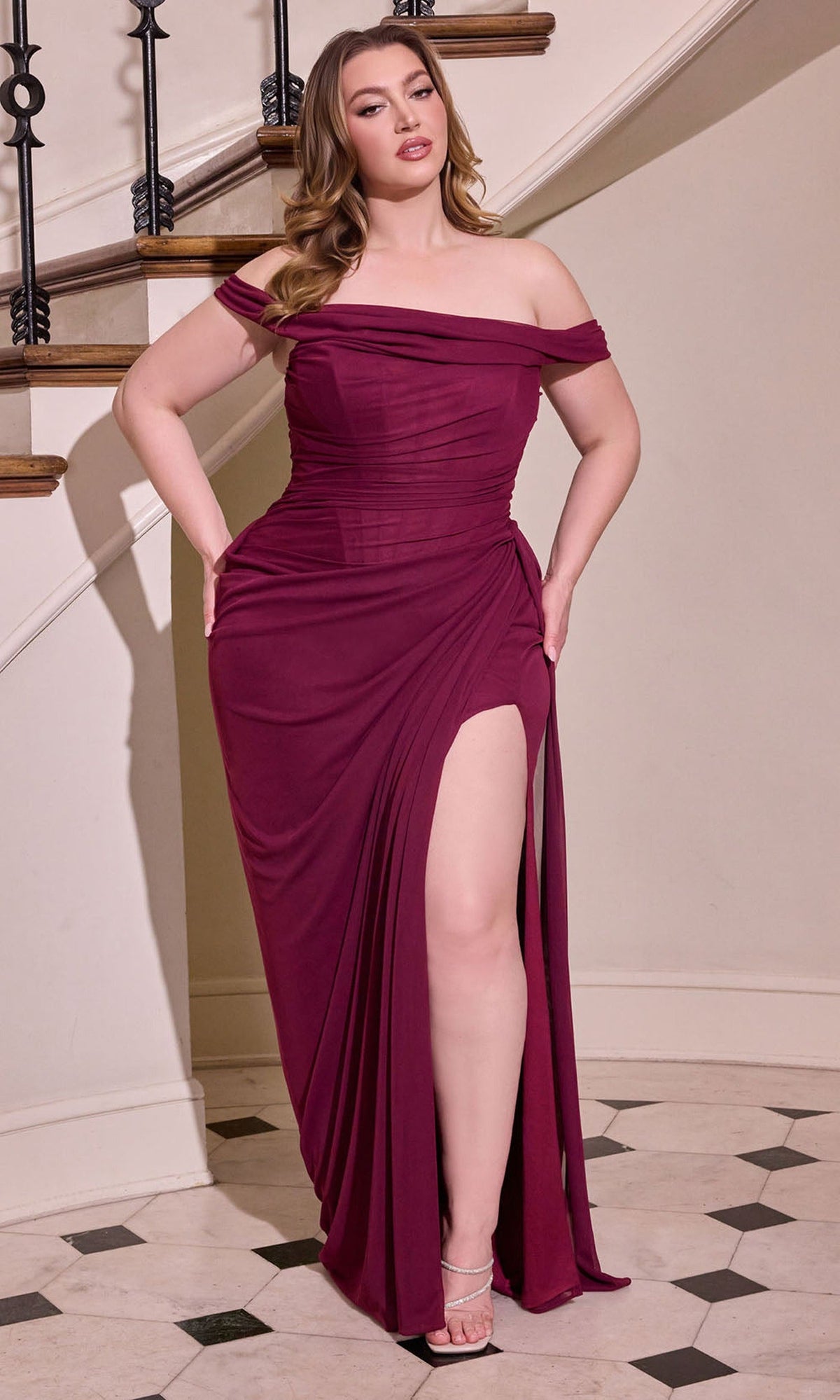 Ladivine CD387C - Draped Neckline High Slit Evening Gown