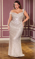 Ladivine CD396C - Draped Neckline Sparkle Fitted Gown