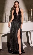 Ladivine CD412 - Halter Pleated Evening Gown with High Slit