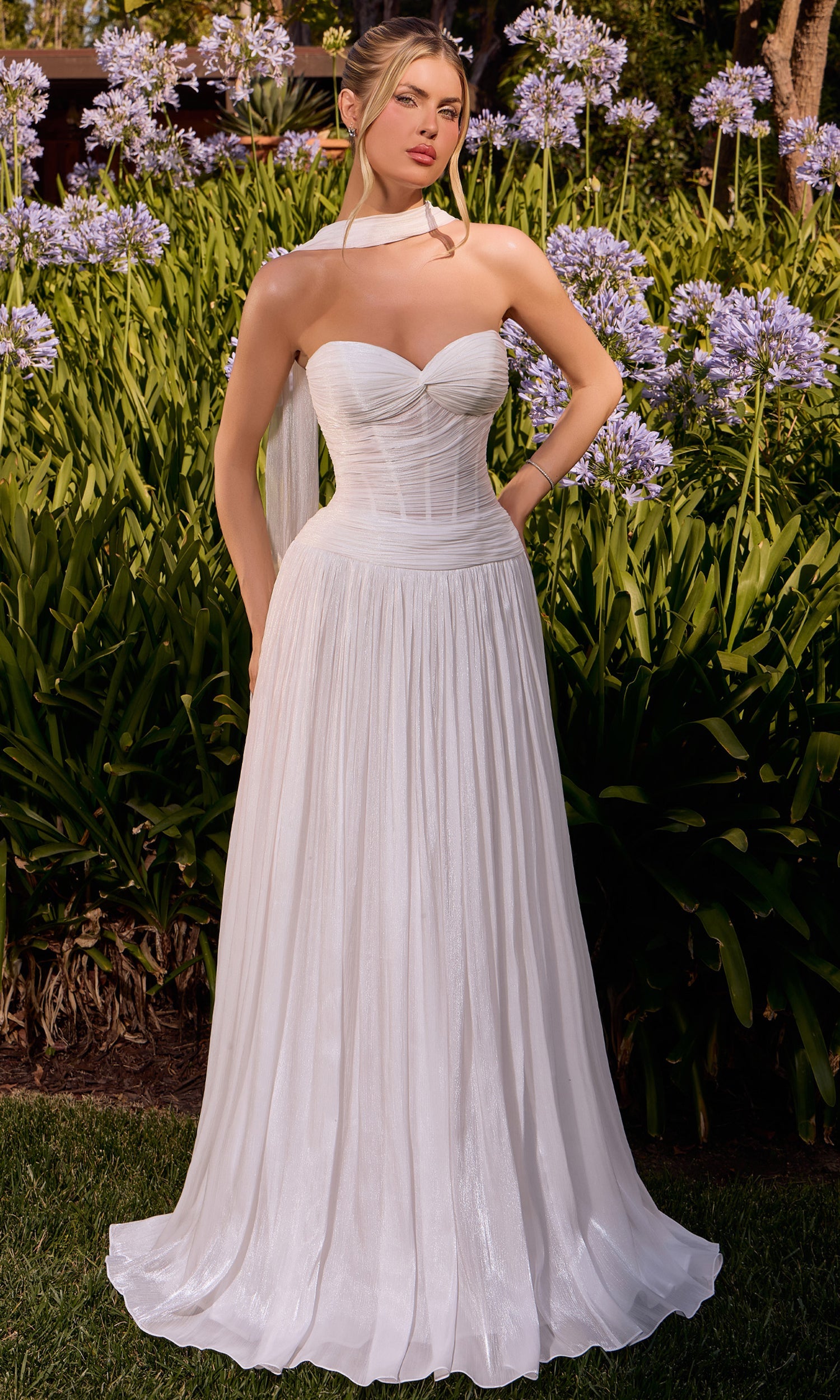 Ladivine CD414W Shimmering Pleated A-Line Bridal Dress