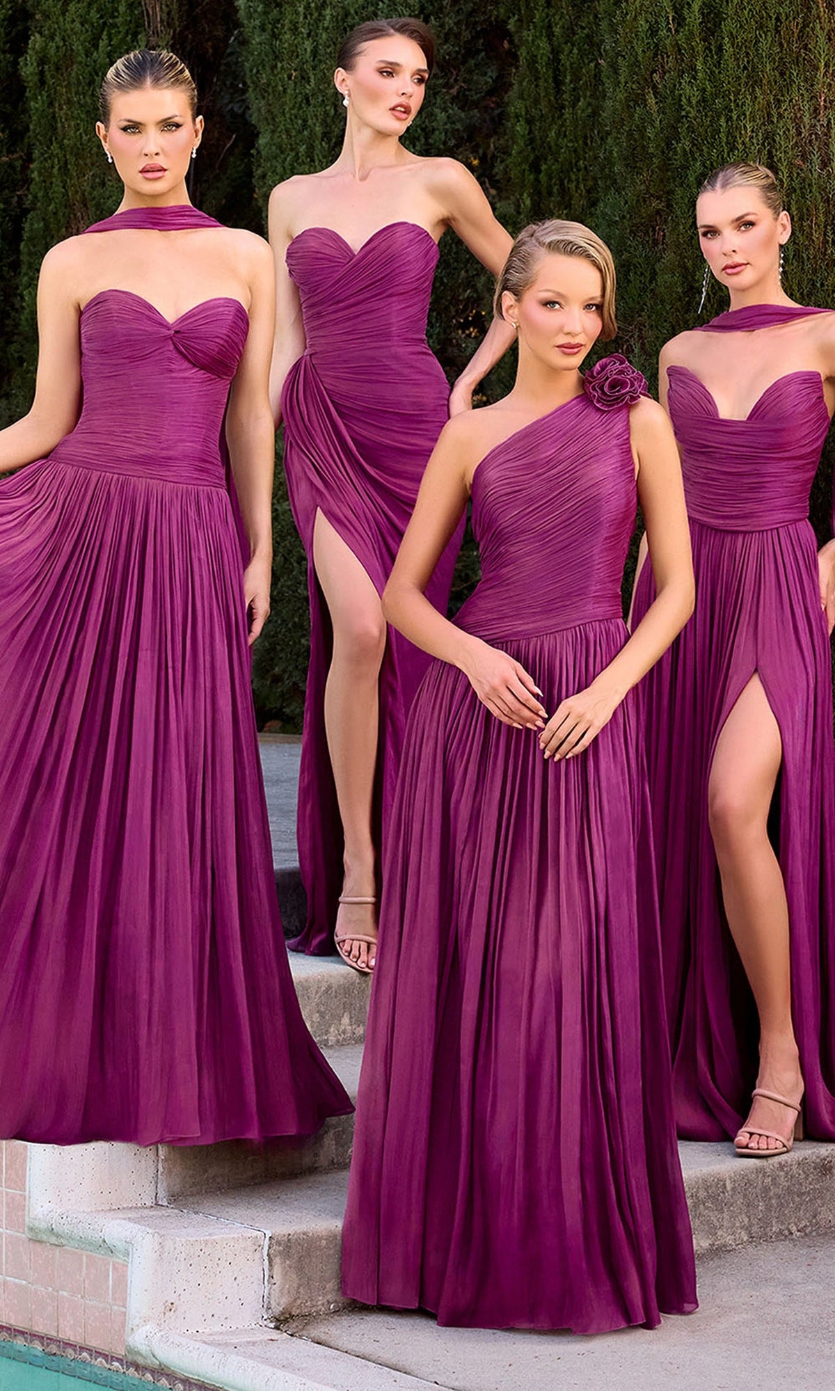 Ladivine CD415 - One Shoulder Pleated Gown with Floral Detail