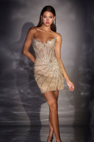 Ladivine CD646 - Beaded Corset Sheath Cocktail Dress with Slit - Silhouette Dresses