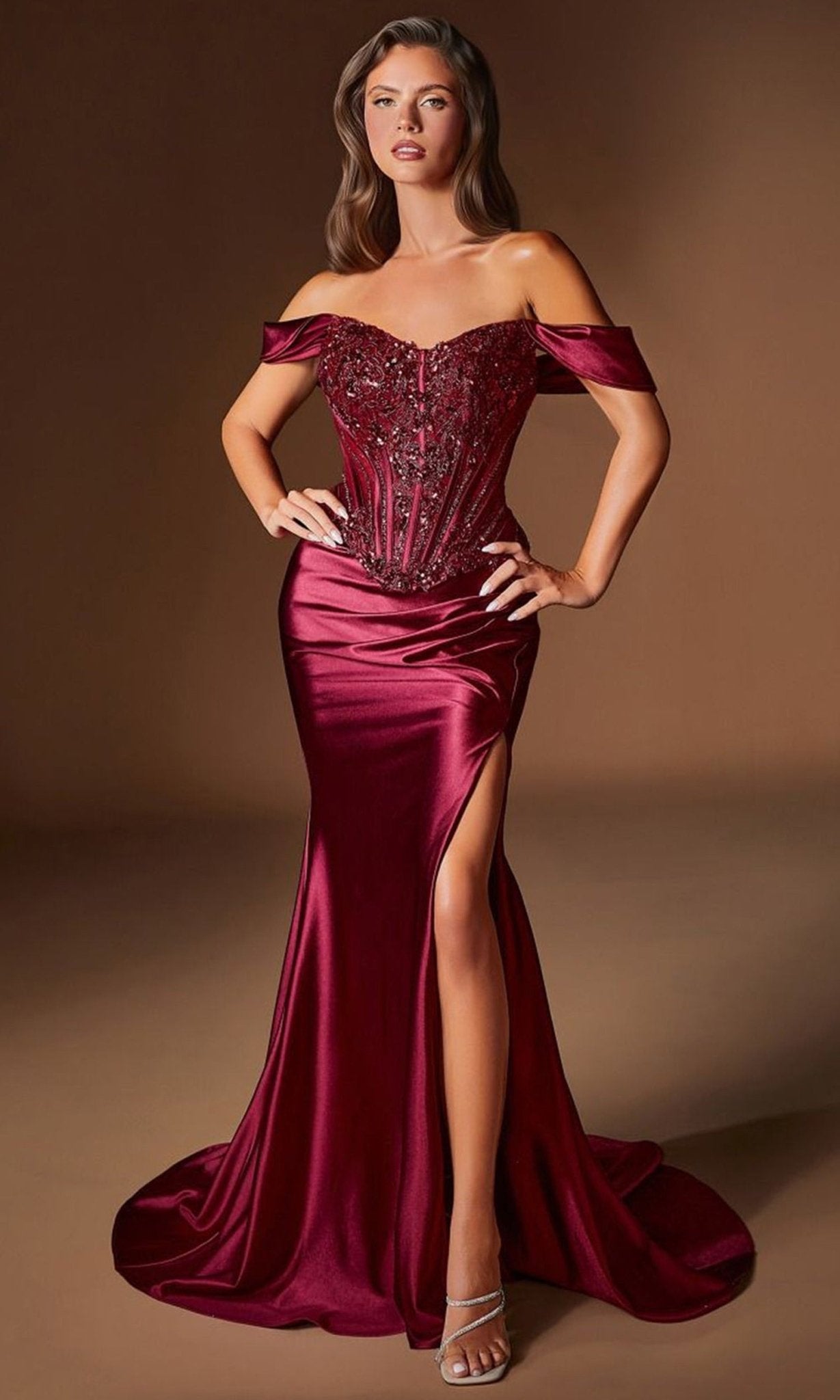 Ladivine CD656 - Beaded Corset Off Shoulder Prom Gown - Silhouette Dresses