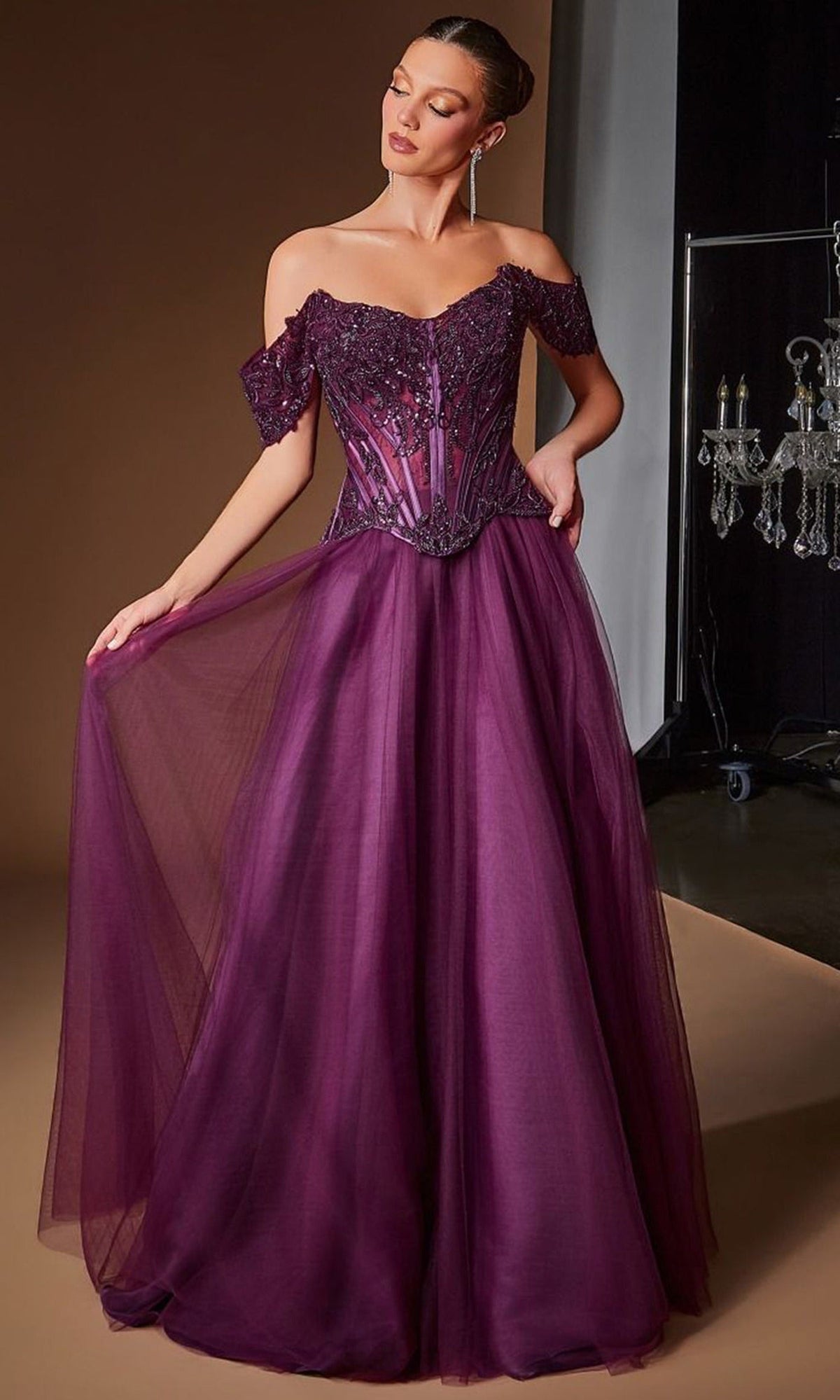 Ladivine CD657 - Embroidered Applique A-Line Tulle Prom Gown