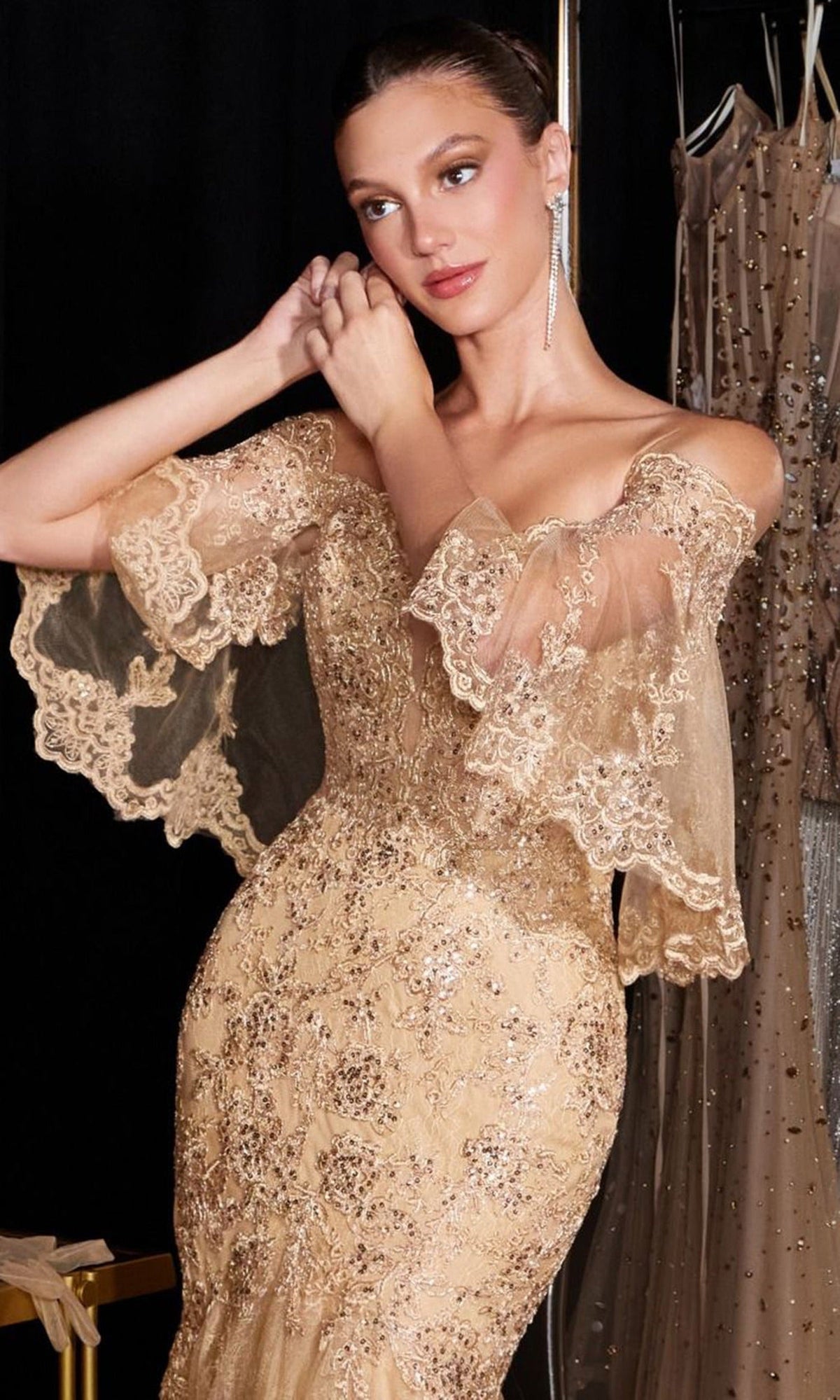 Ladivine CD659 - Bell Sleeve Embroidered Lace Prom Gown
