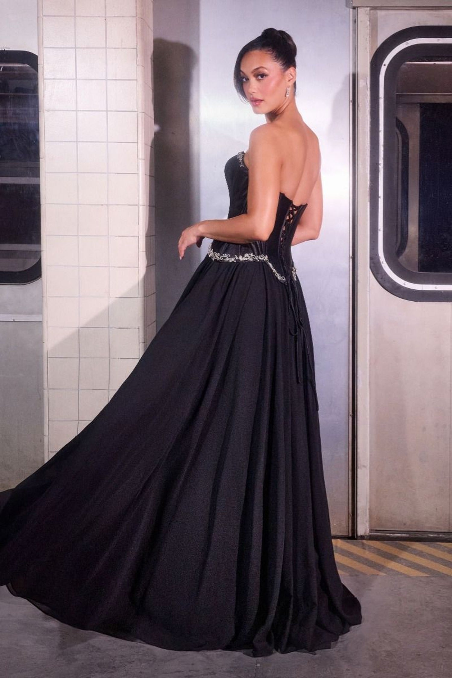 Ladivine CD668C - Satin Corset Beaded Trim Ballgown