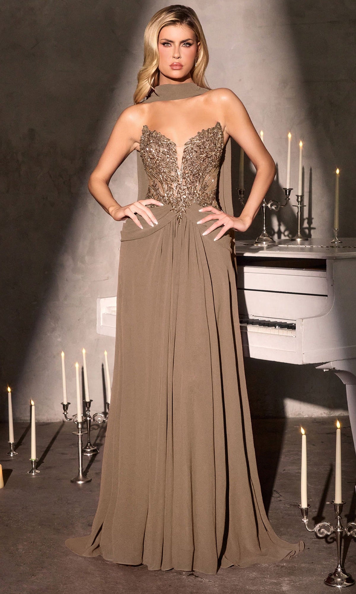 Ladivine CD673 - Plunging Embellished Draped Gown