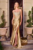Ladivine CD725 - Scoop Neckline Beaded Satin Gown