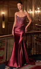 Ladivine CD725 - Scoop Neckline Beaded Satin Gown