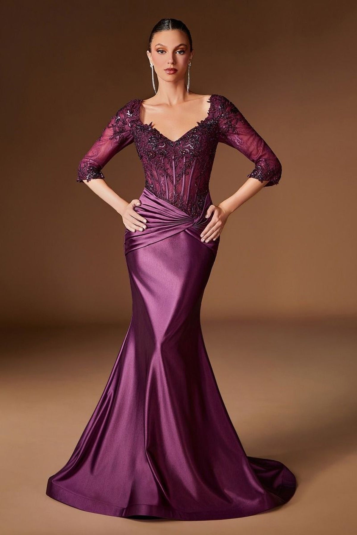 Ladivine CD731 - Lace Bodice Wide V-Neck Satin Gown