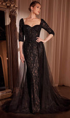 Ladivine CD749 - Quarter Sleeve Queen Anne Lace Evening Gown