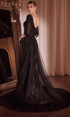Ladivine CD749 - Quarter Sleeve Queen Anne Lace Evening Gown