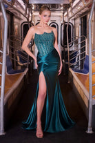 Ladivine CDS543 - Strapless Beaded Corset Satin Gown