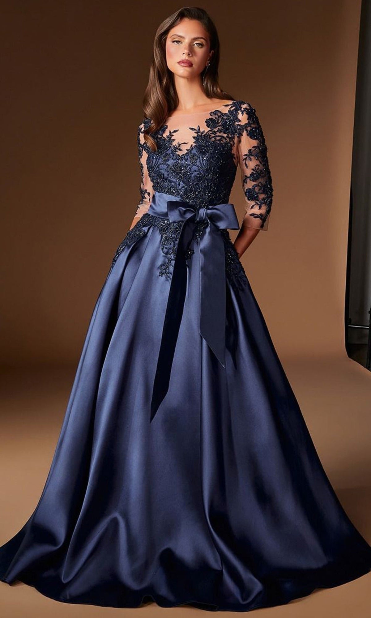 Ladivine CDS569 - Bateau Beaded Lace Mikado Prom Gown