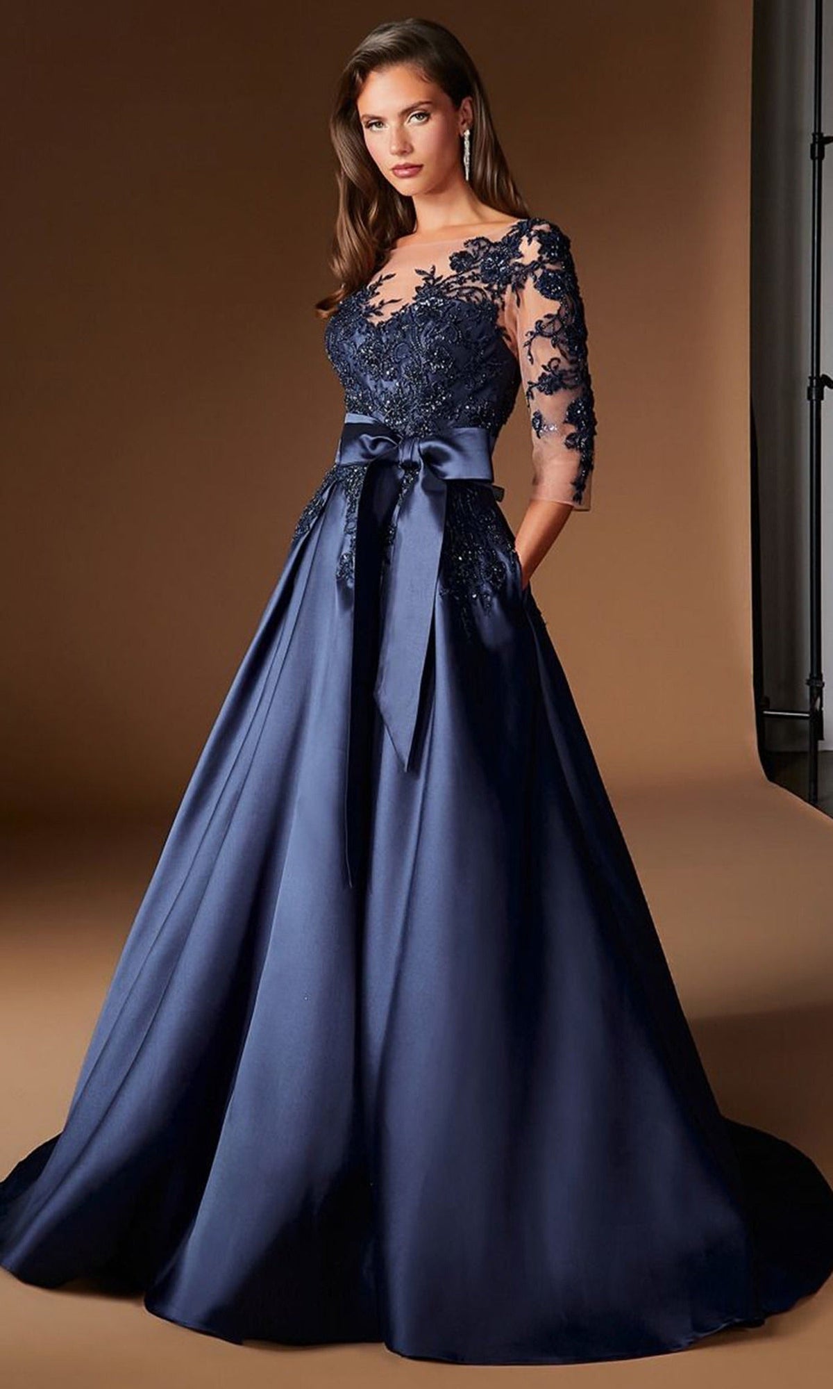 Ladivine CDS569 - Bateau Beaded Lace Mikado Prom Gown