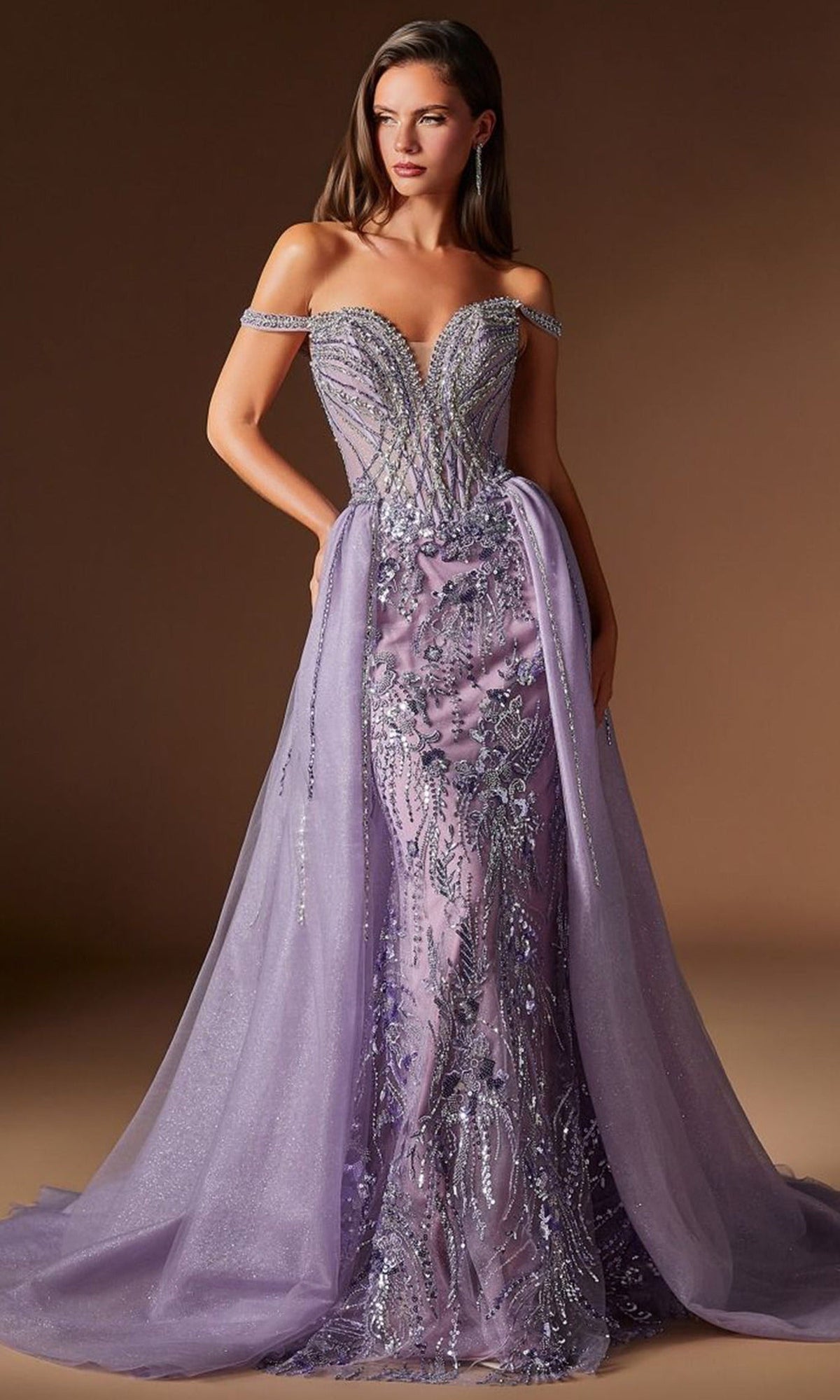 Ladivine CDS570 - Beaded Off Shoulder Overskirt Prom Gown