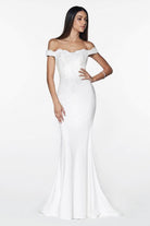 Cinderella Divine CF158 - Scalloped Trim Off-Shoulder Prom Gown