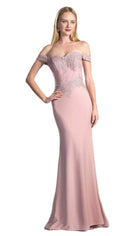 Cinderella Divine CF158 - Scalloped Trim Off-Shoulder Prom Gown