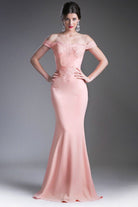 Cinderella Divine CF158 - Scalloped Trim Off-Shoulder Prom Gown