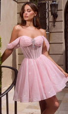 Ladivine CJ420 - Off Shoulder Glitter Tulle Corset Cocktail Dress