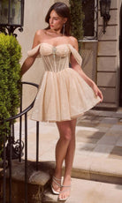 Ladivine CJ420 - Off Shoulder Glitter Tulle Corset Cocktail Dress