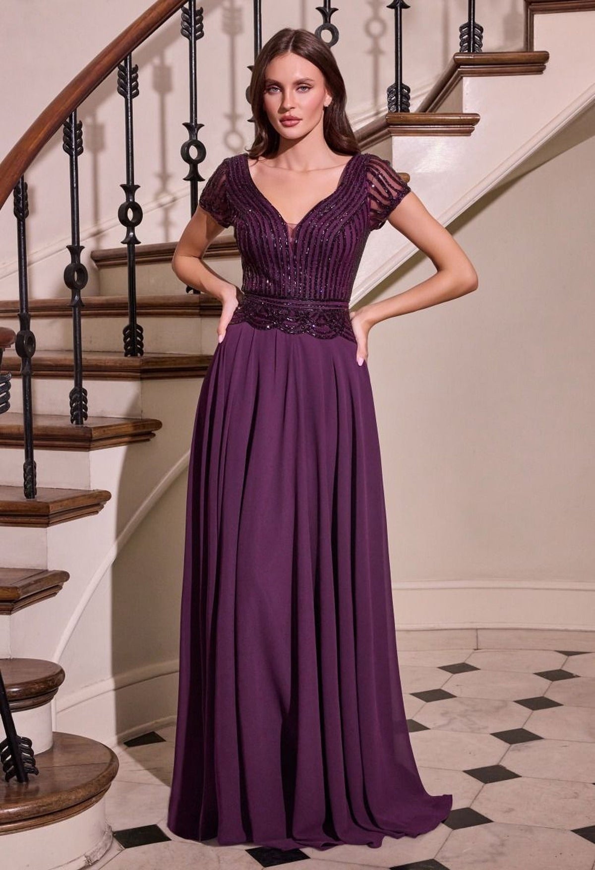 Ladivine CL07 - Short Sleeve Embellished Bodice Evening Gown